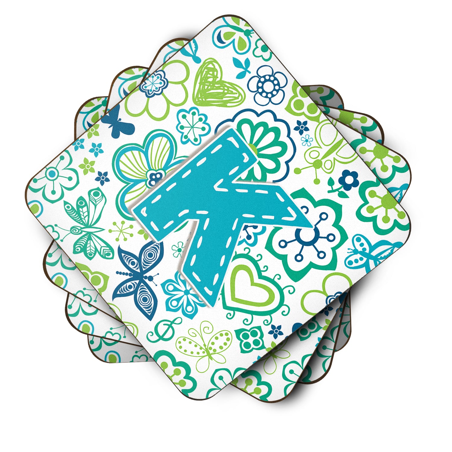 Set of 4 Letter K Flowers and Butterflies Teal Blue Foam Coasters CJ2006-KFC - the-store.com