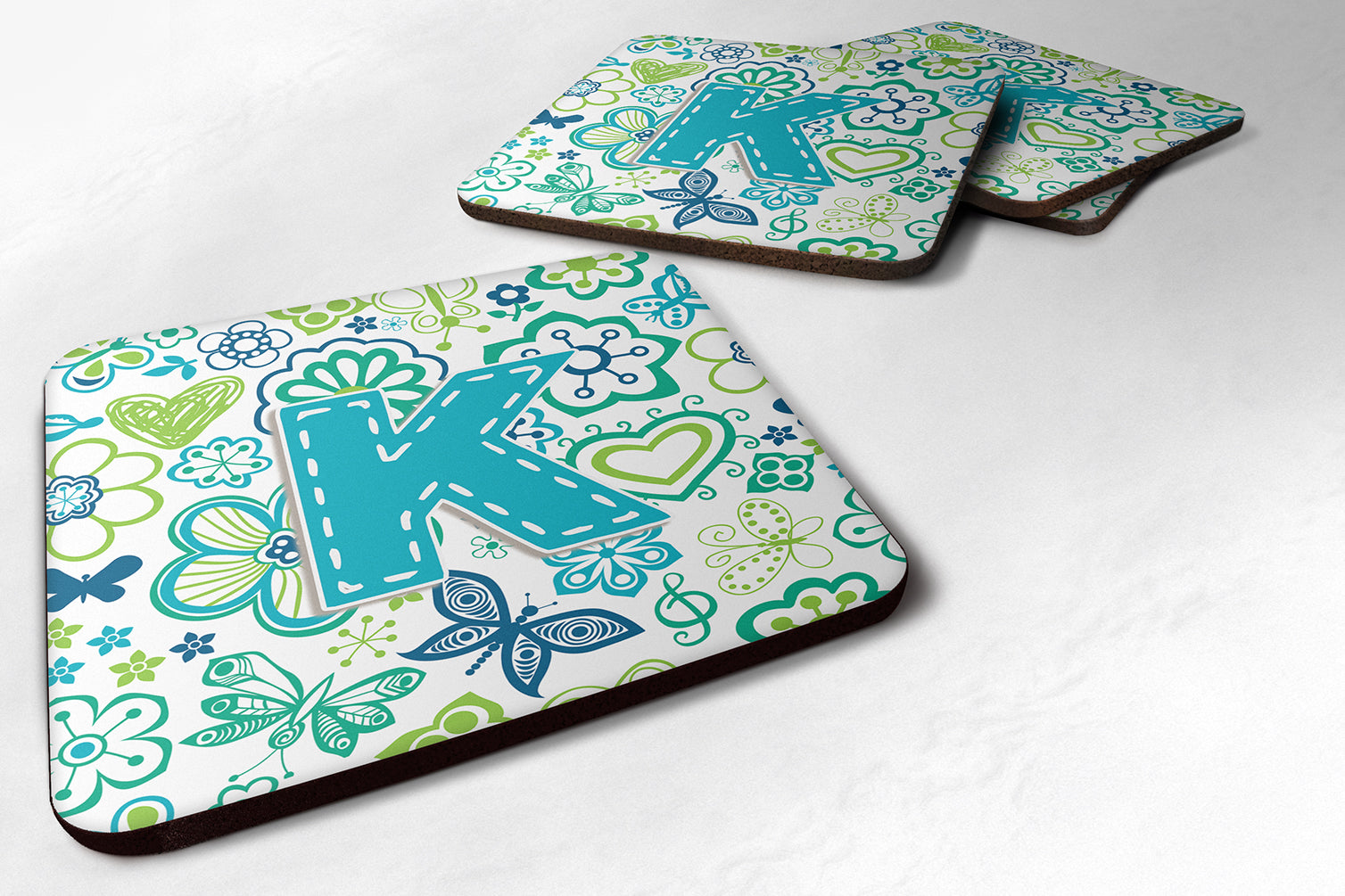 Set of 4 Letter K Flowers and Butterflies Teal Blue Foam Coasters CJ2006-KFC - the-store.com