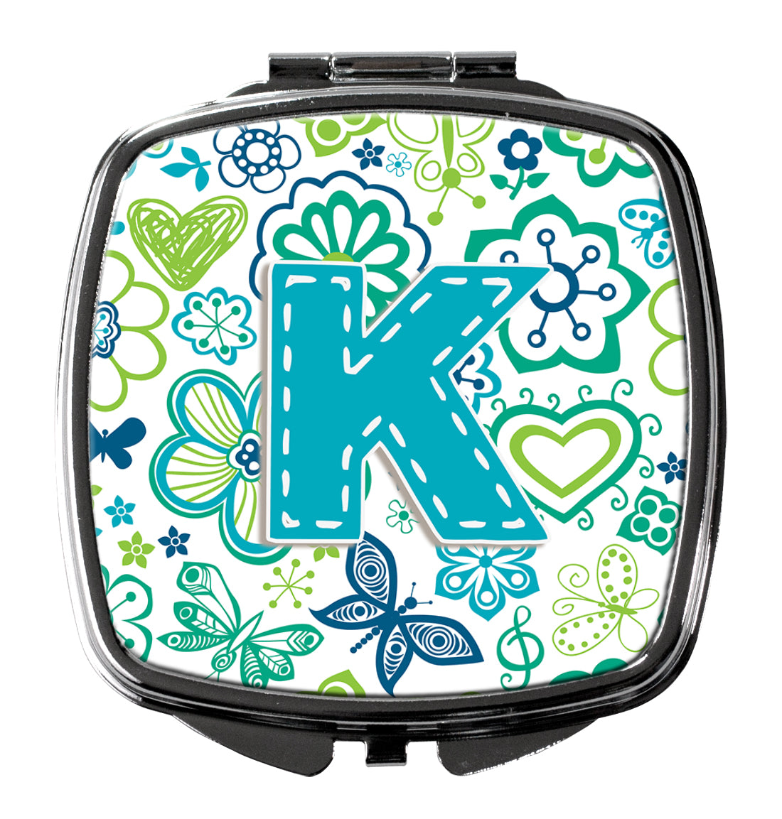 Letter K Flowers and Butterflies Teal Blue Compact Mirror CJ2006-KSCM  the-store.com.