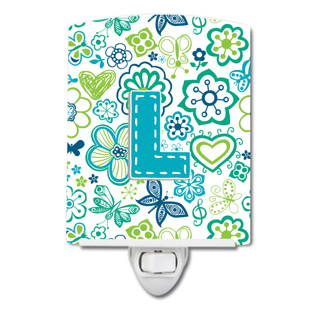 Letter L Flowers and Butterflies Teal Blue Ceramic Night Light CJ2006-LCNL - the-store.com