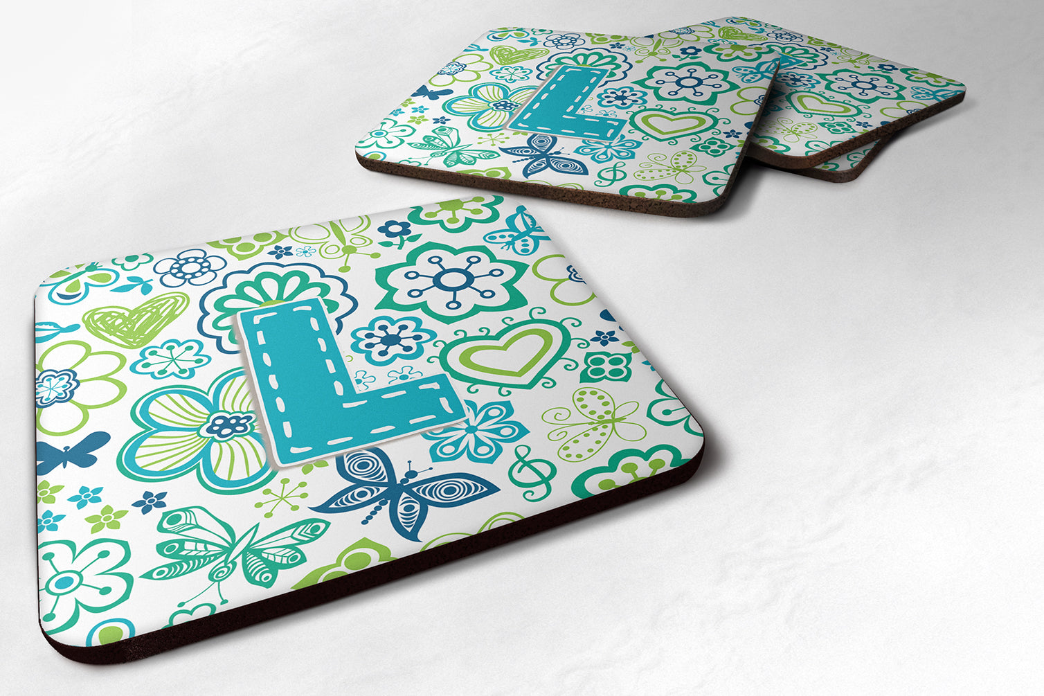 Set of 4 Letter L Flowers and Butterflies Teal Blue Foam Coasters CJ2006-LFC - the-store.com