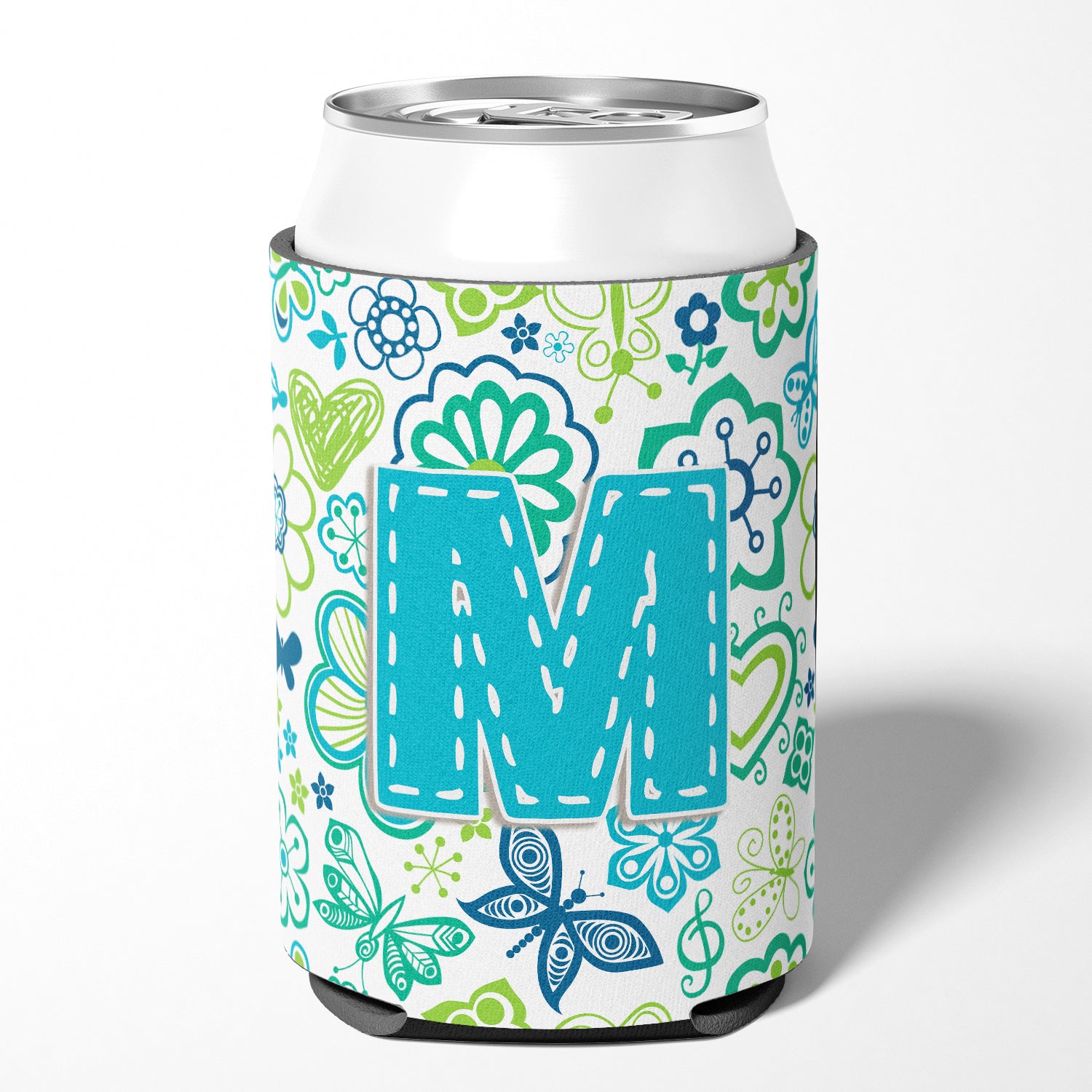 Letter M Flowers and Butterflies Teal Blue Can or Bottle Hugger CJ2006-MCC.