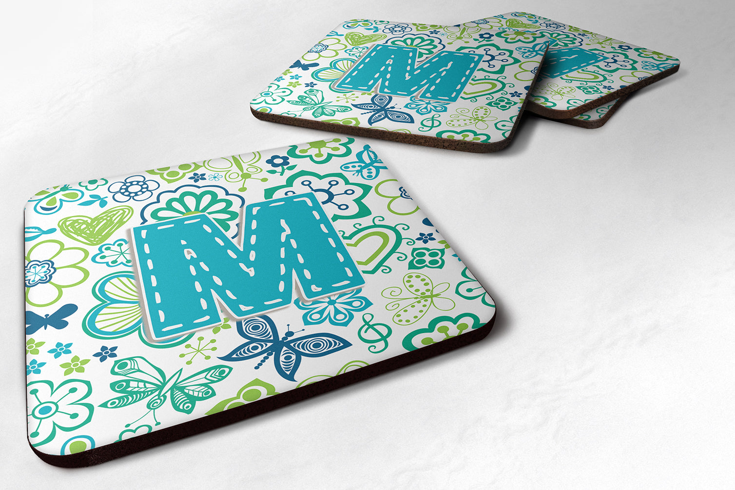 Set of 4 Letter M Flowers and Butterflies Teal Blue Foam Coasters CJ2006-MFC - the-store.com