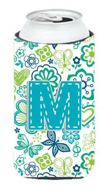 Letter M Flowers and Butterflies Teal Blue Tall Boy Beverage Insulator Hugger CJ2006-MTBC by Caroline's Treasures