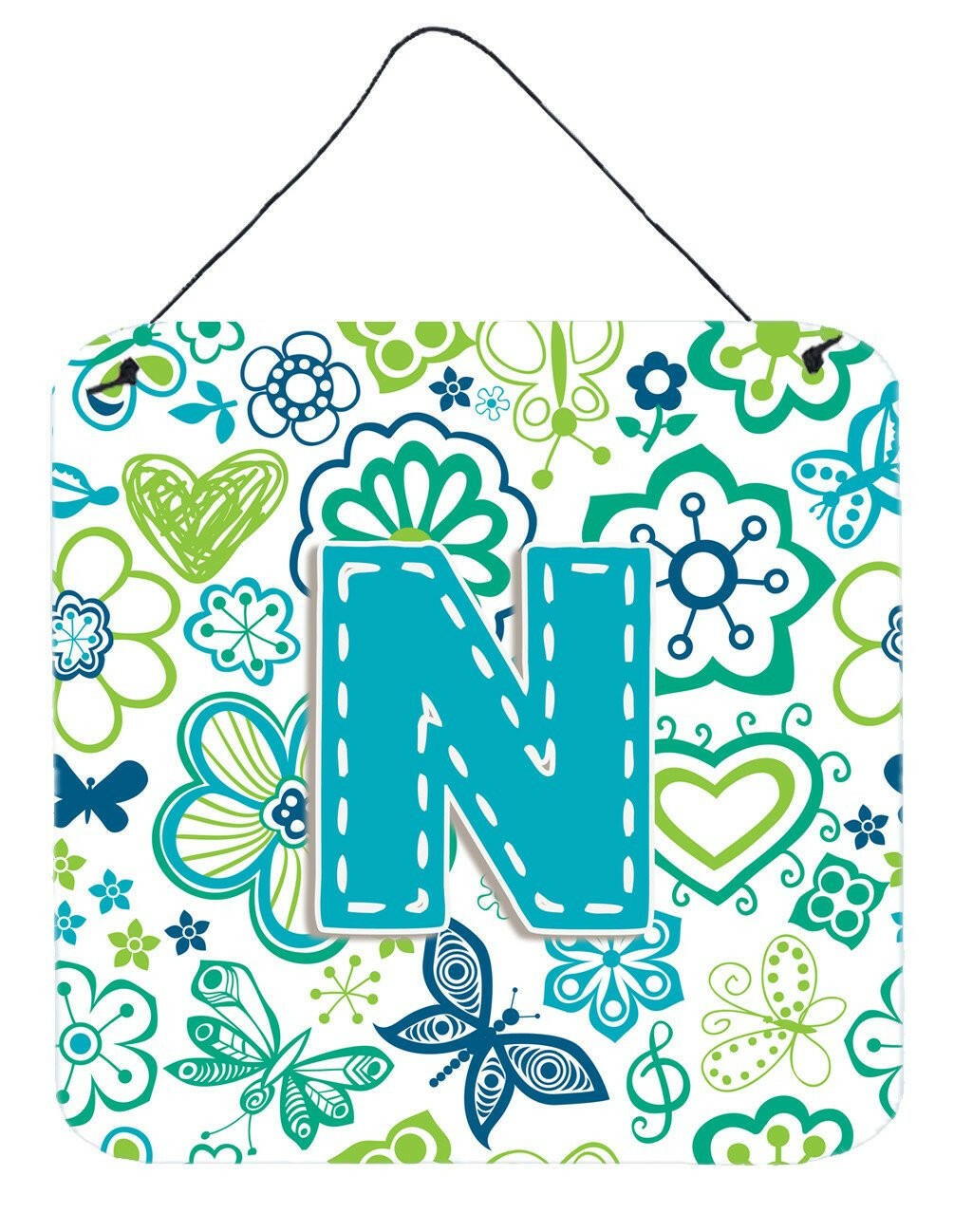 Letter N Flowers and Butterflies Teal Blue Wall or Door Hanging Prints CJ2006-NDS66 by Caroline's Treasures