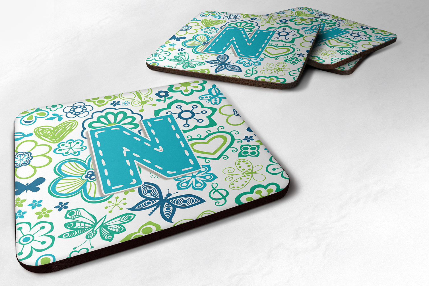 Set of 4 Letter N Flowers and Butterflies Teal Blue Foam Coasters CJ2006-NFC - the-store.com