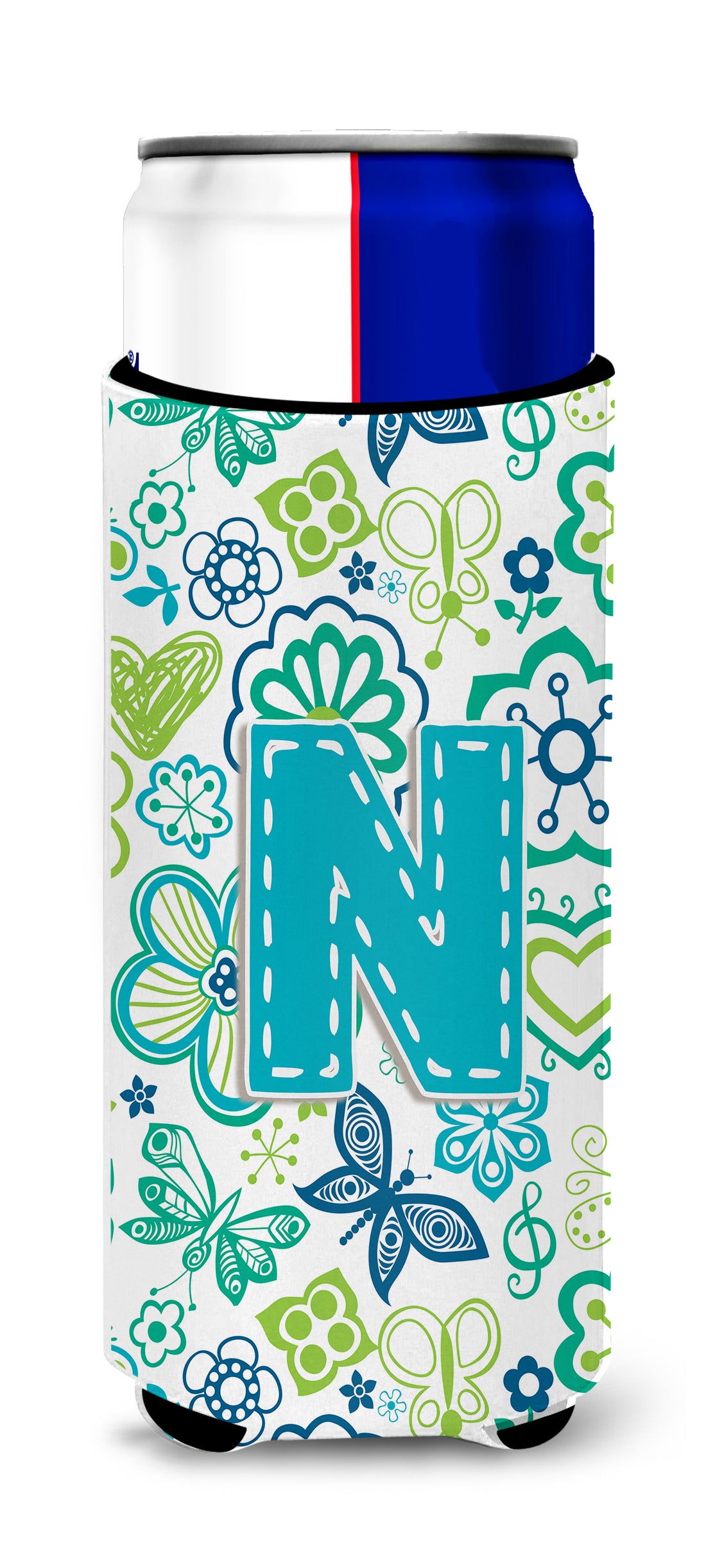 Letter N Flowers and Butterflies Teal Blue Ultra Beverage Insulators for slim cans CJ2006-NMUK.