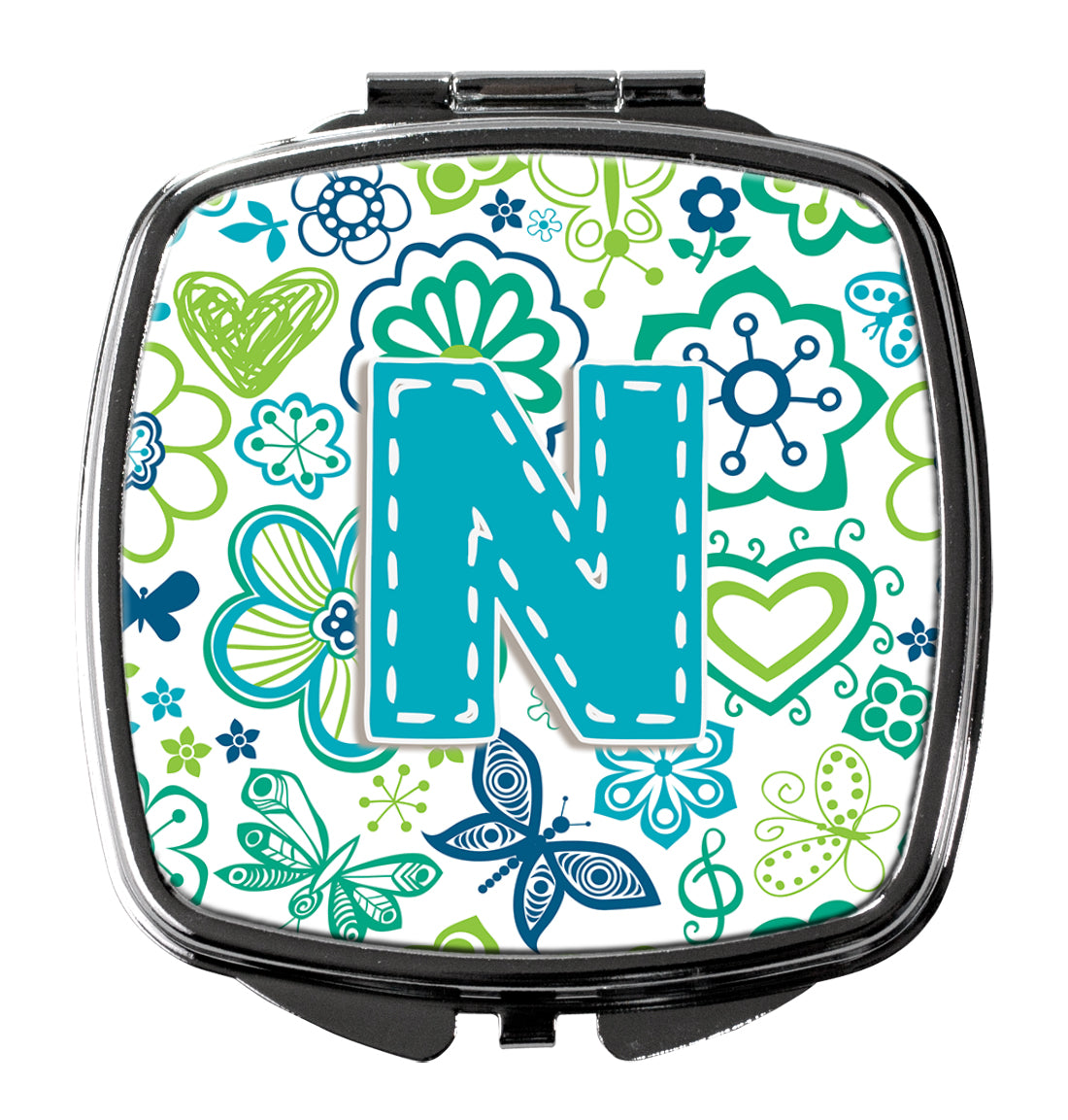 Letter N Flowers and Butterflies Teal Blue Compact Mirror CJ2006-NSCM  the-store.com.