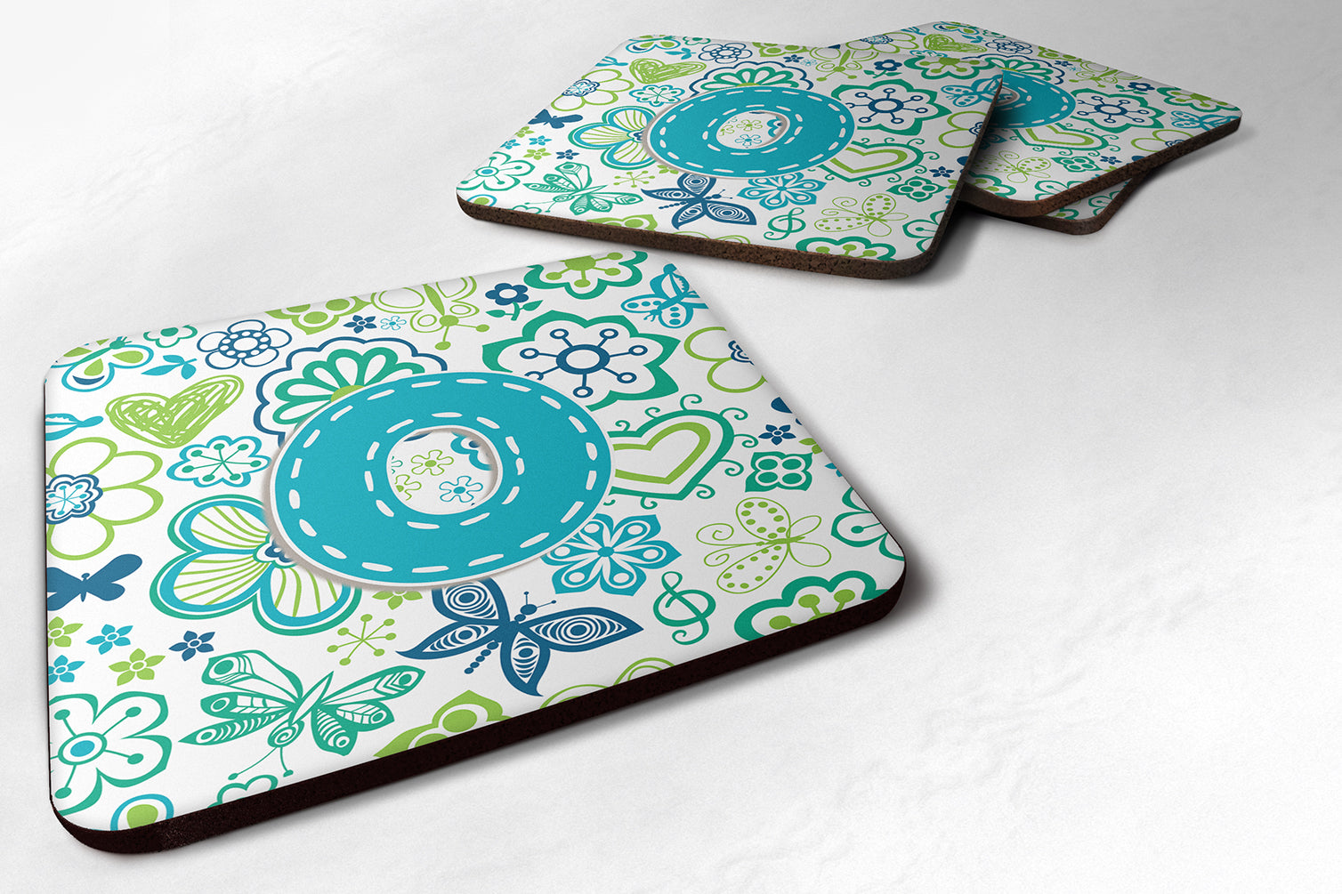 Set of 4 Letter O Flowers and Butterflies Teal Blue Foam Coasters CJ2006-OFC - the-store.com