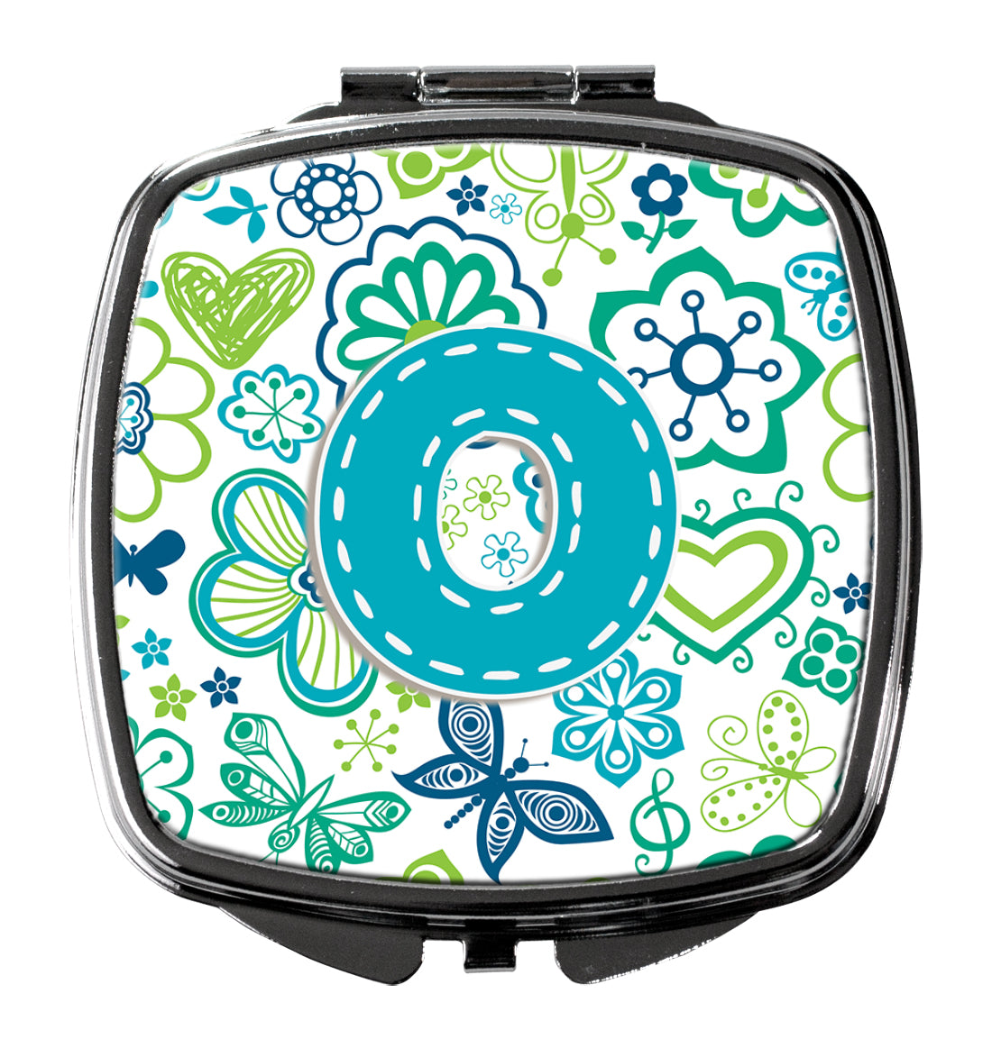 Letter O Flowers and Butterflies Teal Blue Compact Mirror CJ2006-OSCM  the-store.com.