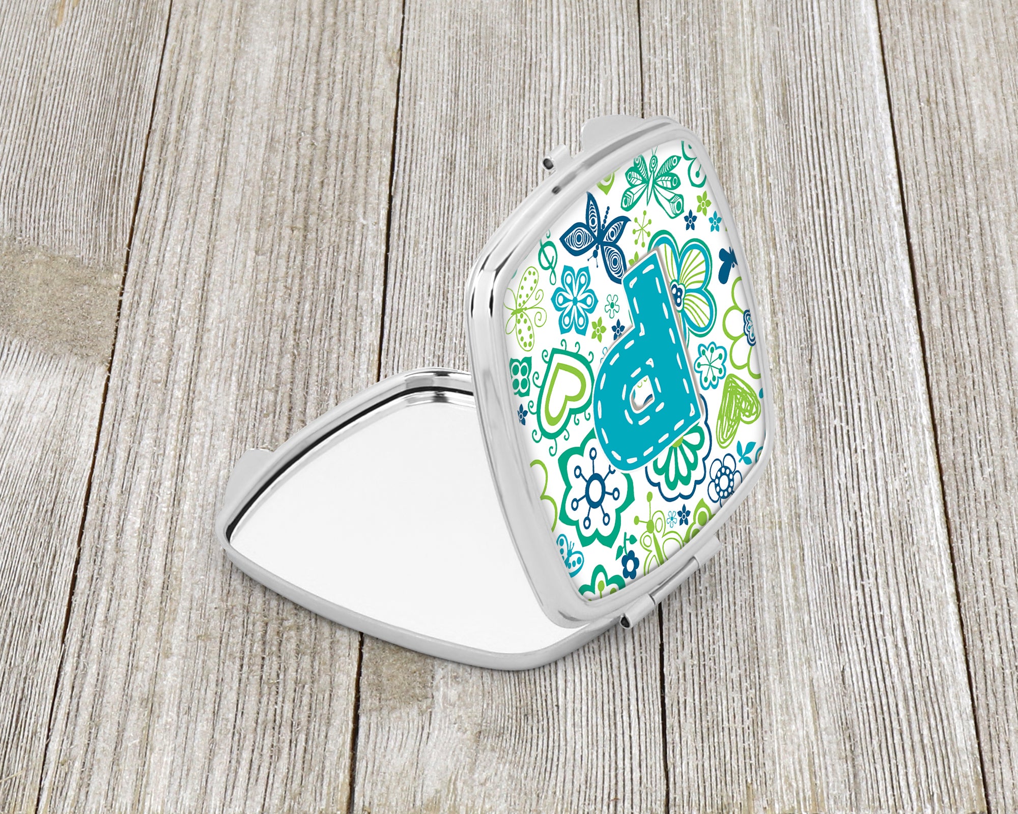 Letter P Flowers and Butterflies Teal Blue Compact Mirror CJ2006-PSCM  the-store.com.