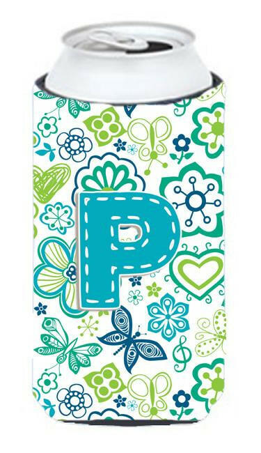 Letter P Flowers and Butterflies Teal Blue Tall Boy Beverage Insulator Hugger CJ2006-PTBC by Caroline's Treasures