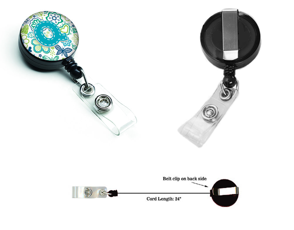 Letter Q Flowers and Butterflies Teal Blue Retractable Badge Reel CJ2006-QBR  the-store.com.