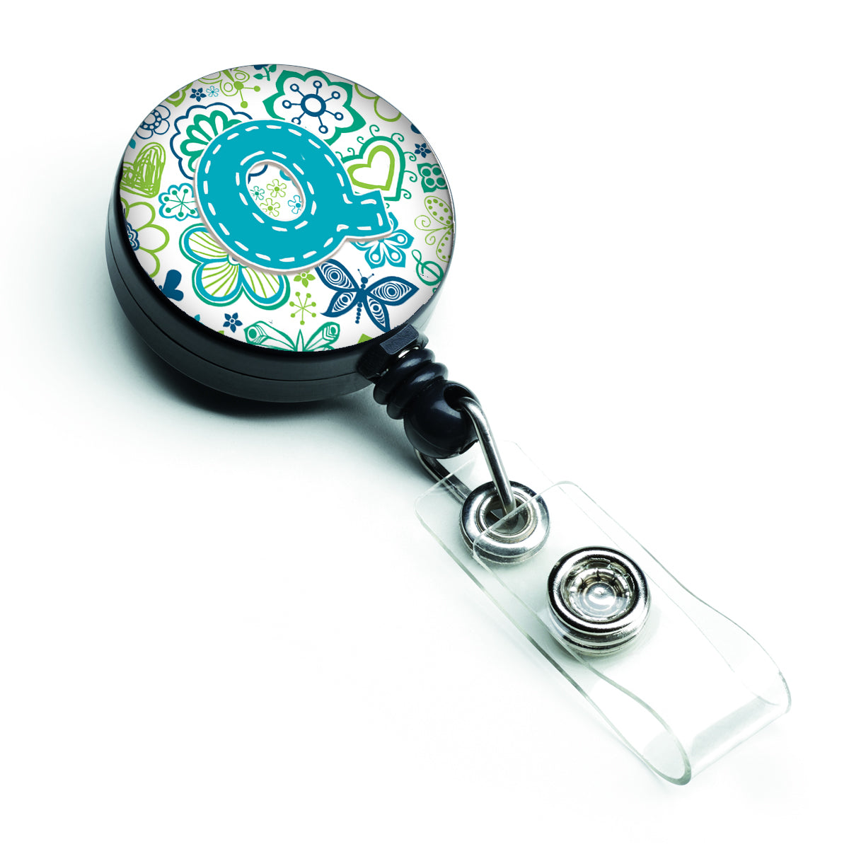 Letter Q Flowers and Butterflies Teal Blue Retractable Badge Reel CJ2006-QBR  the-store.com.