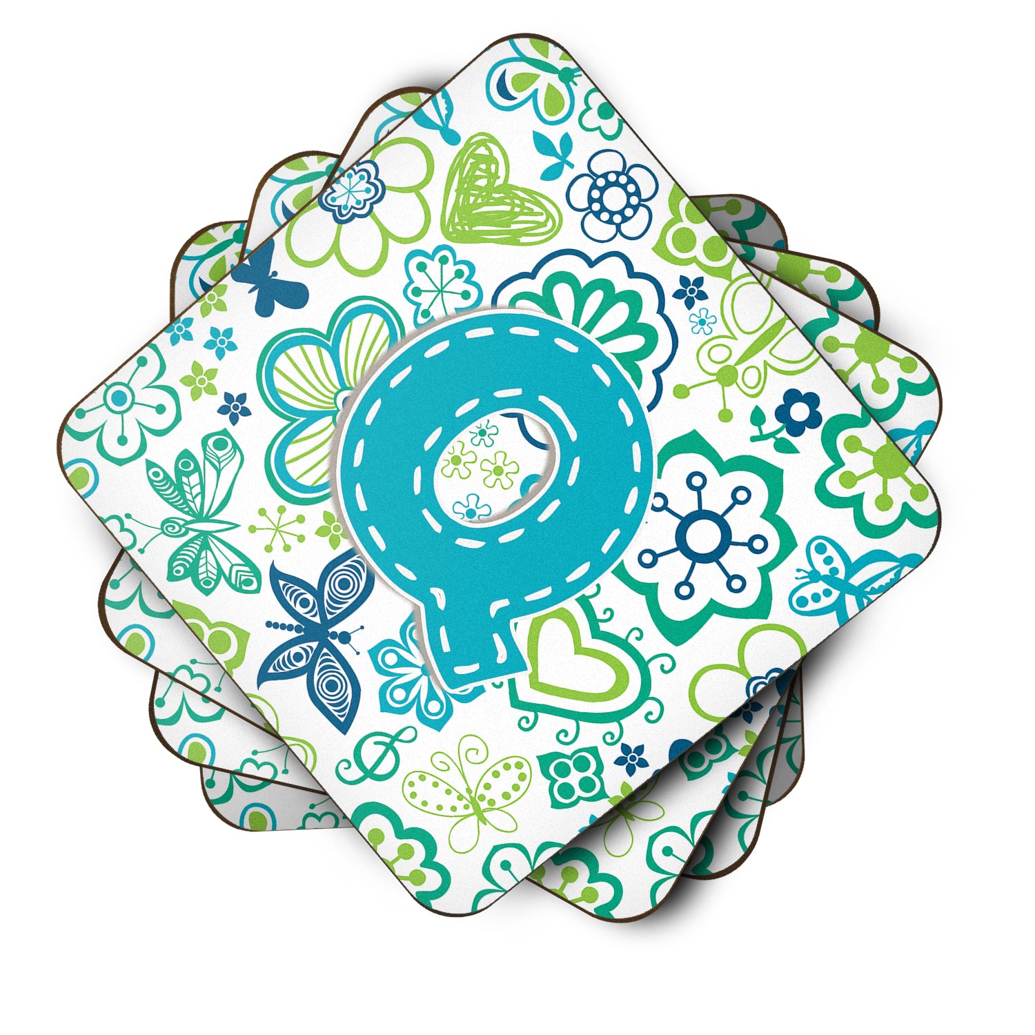 Set of 4 Letter Q Flowers and Butterflies Teal Blue Foam Coasters CJ2006-QFC - the-store.com