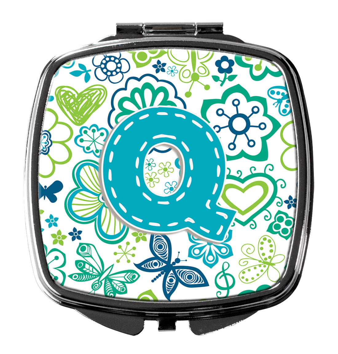 Letter Q Flowers and Butterflies Teal Blue Compact Mirror CJ2006-QSCM  the-store.com.