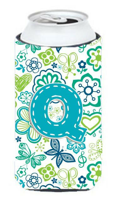 Letter Q Flowers and Butterflies Teal Blue Tall Boy Beverage Insulator Hugger CJ2006-QTBC by Caroline's Treasures