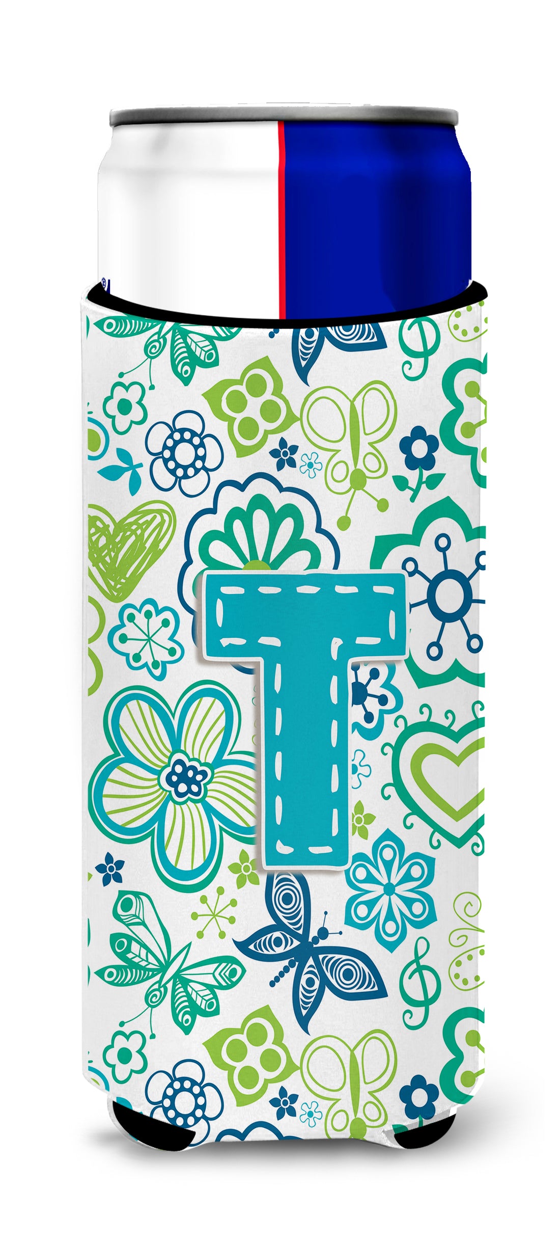 Letter T Flowers and Butterflies Teal Blue Ultra Beverage Insulators for slim cans CJ2006-TMUK.