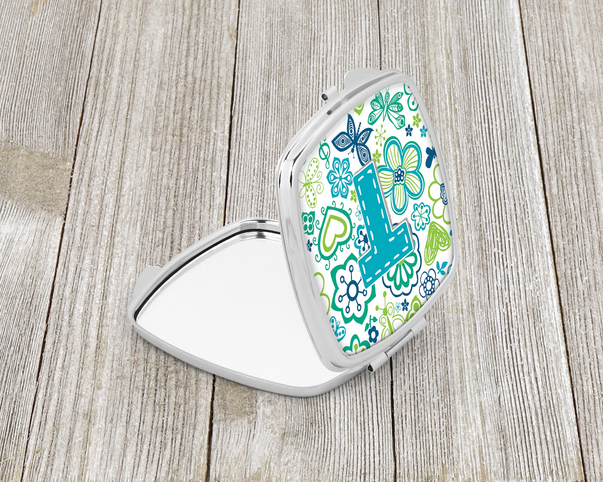 Letter T Flowers and Butterflies Teal Blue Compact Mirror CJ2006-TSCM  the-store.com.