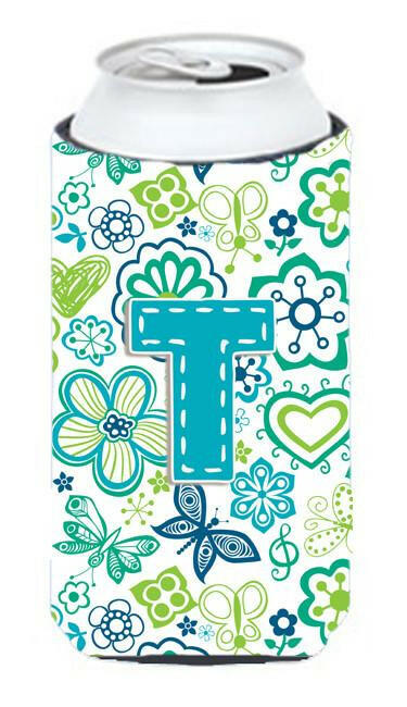 Letter T Flowers and Butterflies Teal Blue Tall Boy Beverage Insulator Hugger CJ2006-TTBC by Caroline's Treasures