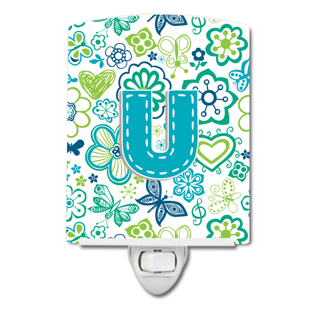 Letter U Flowers and Butterflies Teal Blue Ceramic Night Light CJ2006-UCNL - the-store.com