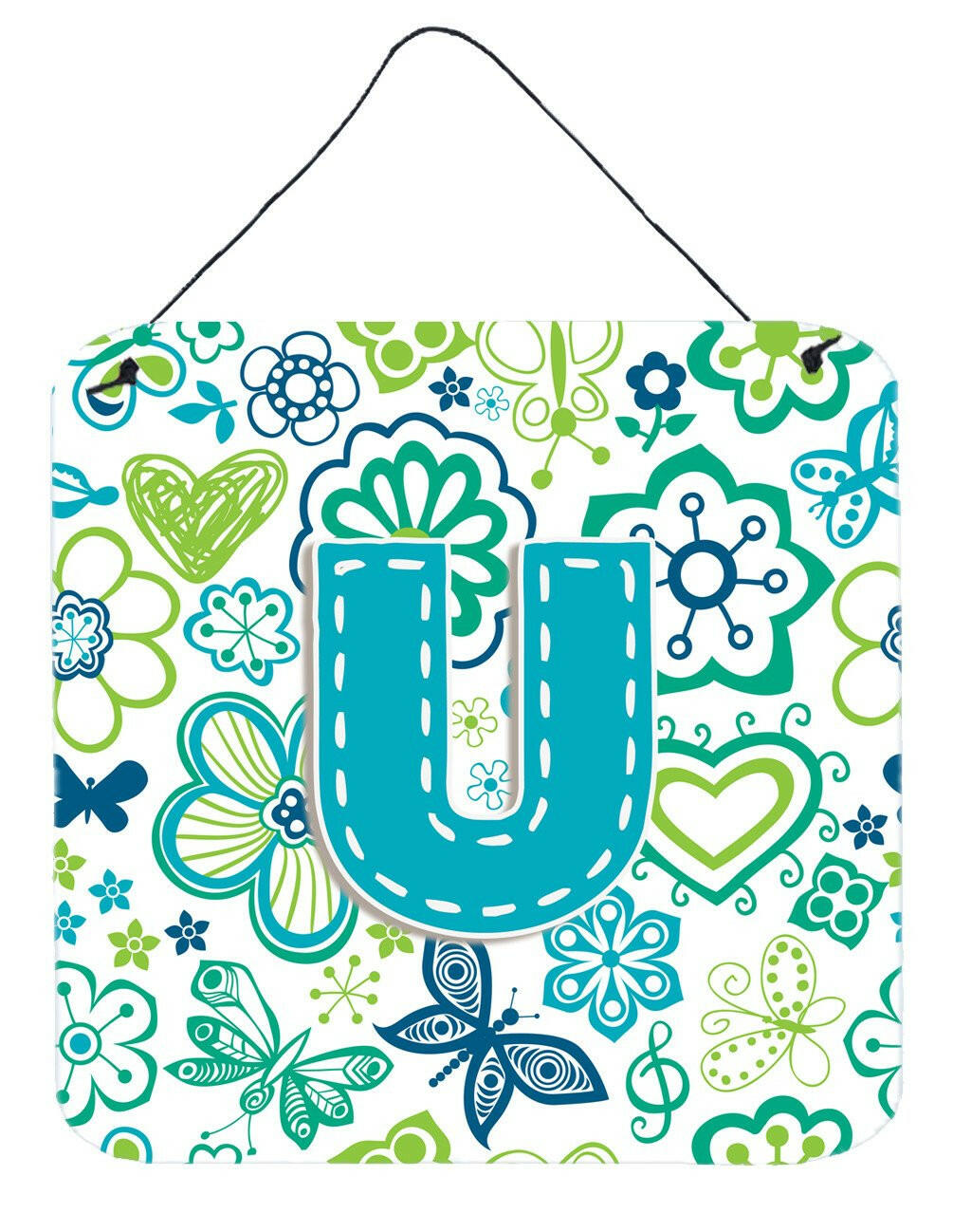 Letter U Flowers and Butterflies Teal Blue Wall or Door Hanging Prints CJ2006-UDS66 by Caroline's Treasures