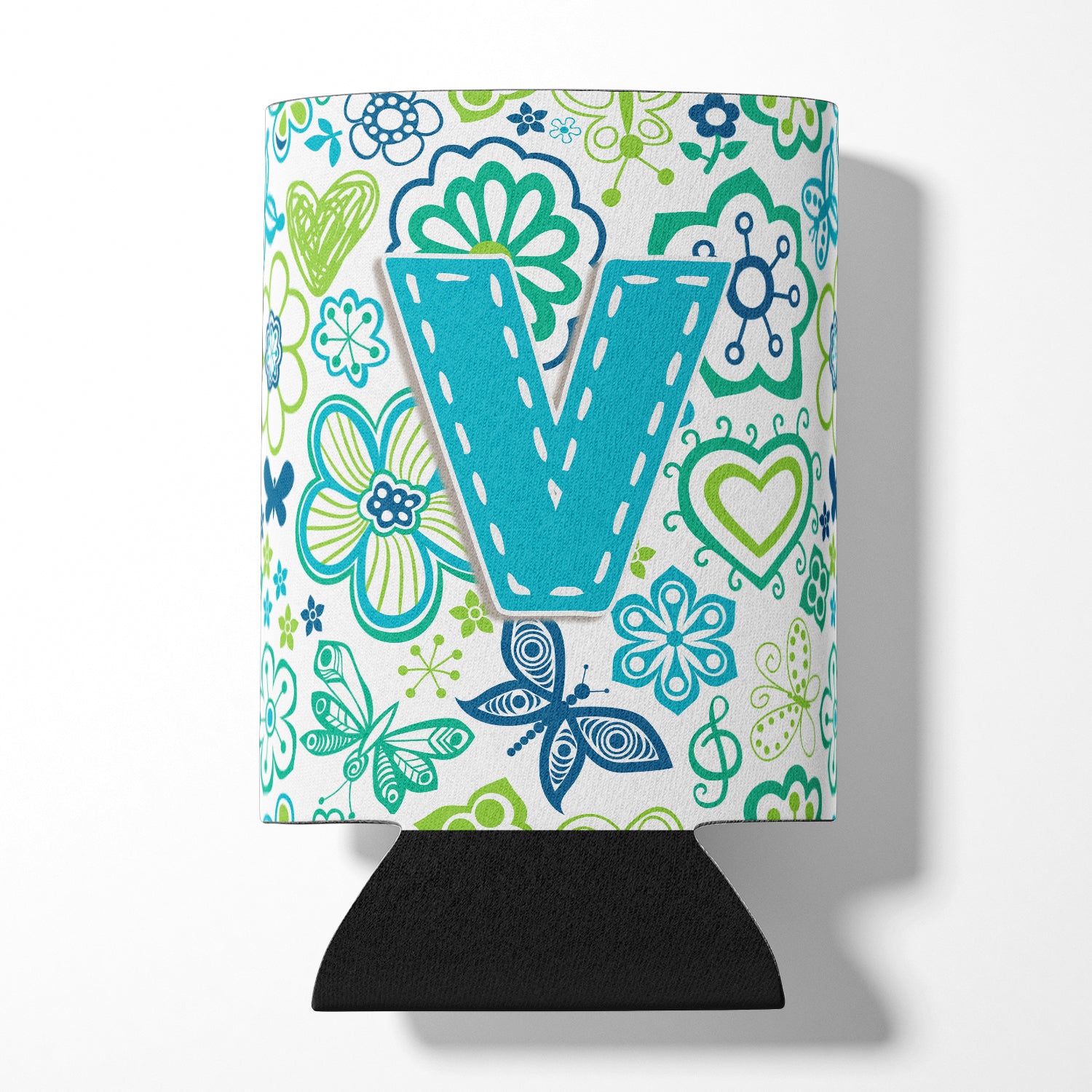 Letter V Flowers and Butterflies Teal Blue Can or Bottle Hugger CJ2006-VCC.