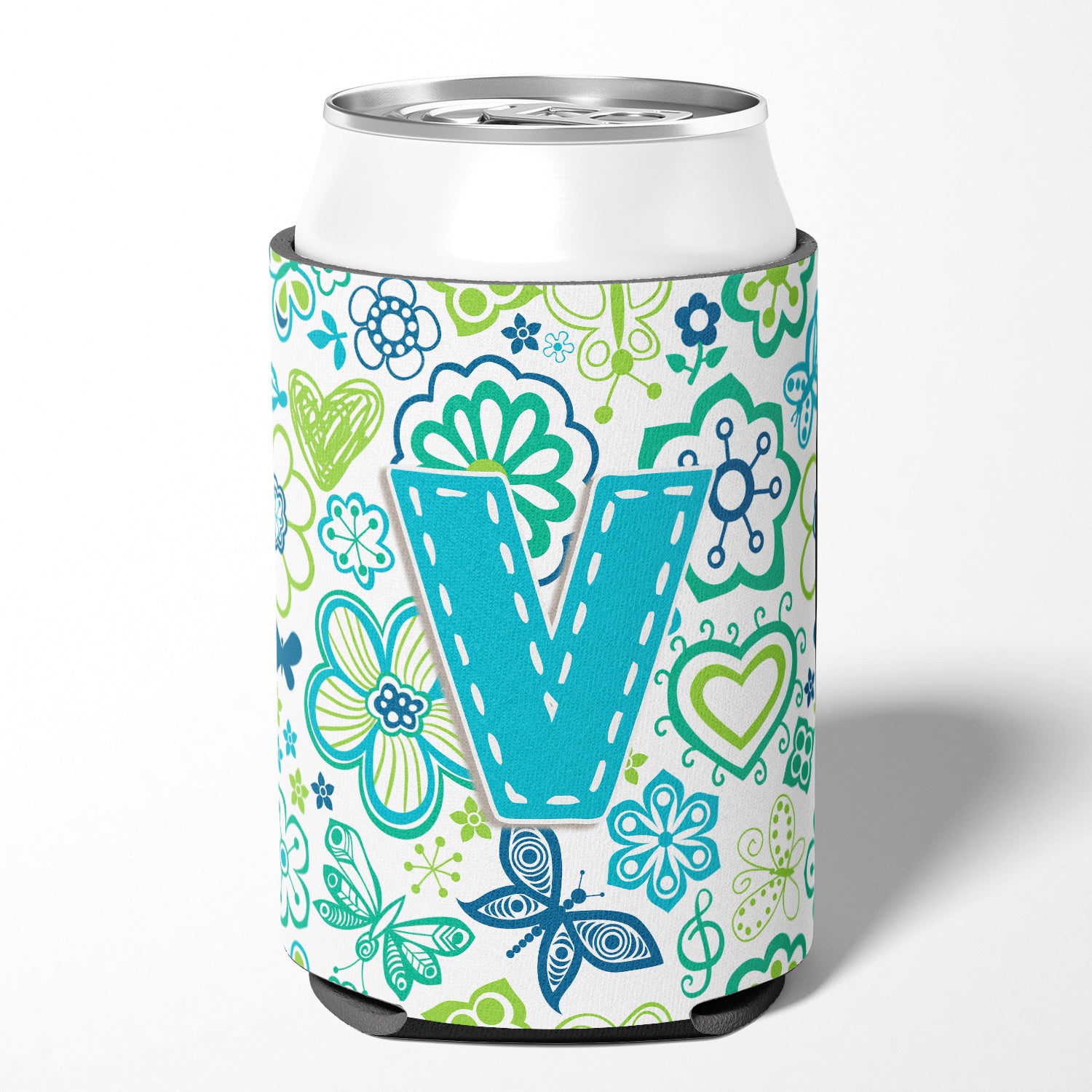 Letter V Flowers and Butterflies Teal Blue Can or Bottle Hugger CJ2006-VCC.