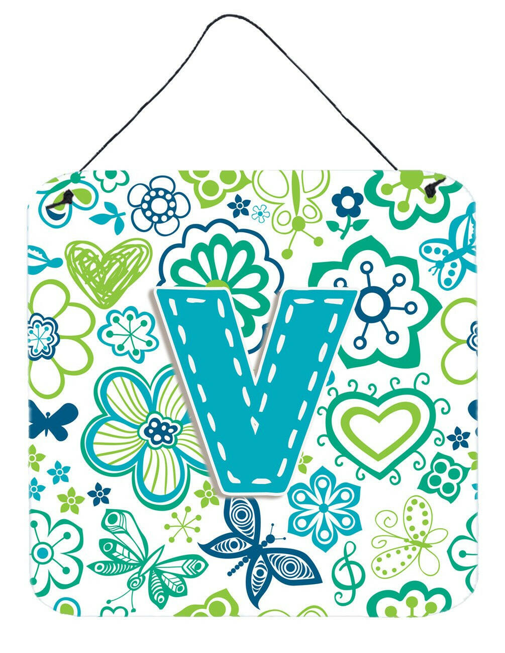 Letter V Flowers and Butterflies Teal Blue Wall or Door Hanging Prints CJ2006-VDS66 by Caroline's Treasures