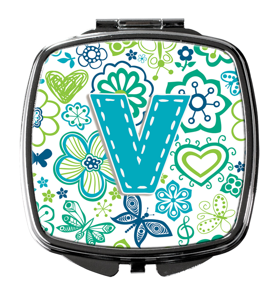 Letter V Flowers and Butterflies Teal Blue Compact Mirror CJ2006-VSCM  the-store.com.