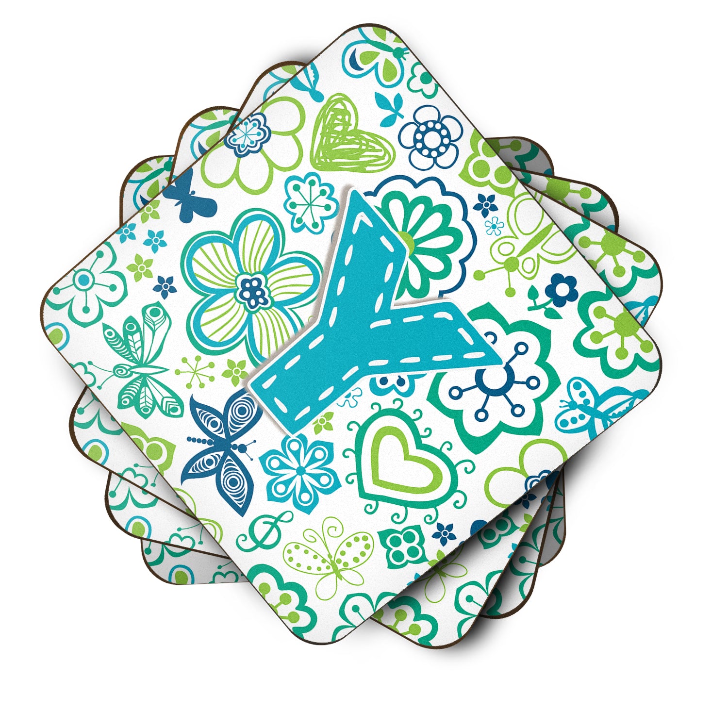 Set of 4 Letter Y Flowers and Butterflies Teal Blue Foam Coasters CJ2006-YFC - the-store.com