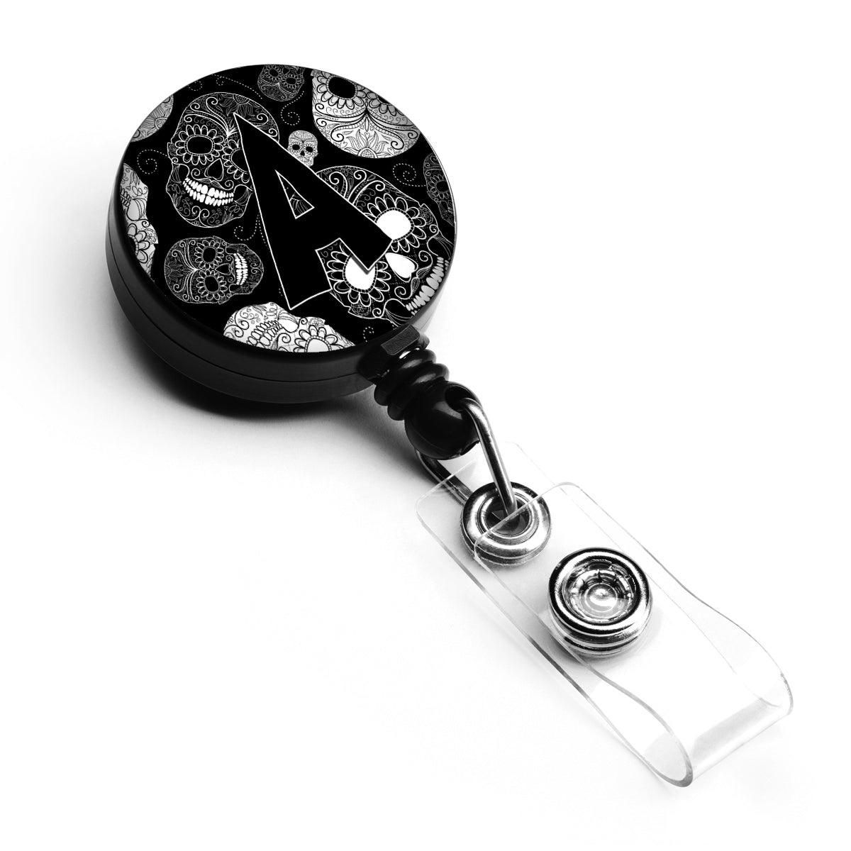 Letter A Day of the Dead Skulls Black Retractable Badge Reel CJ2008-ABR  the-store.com.