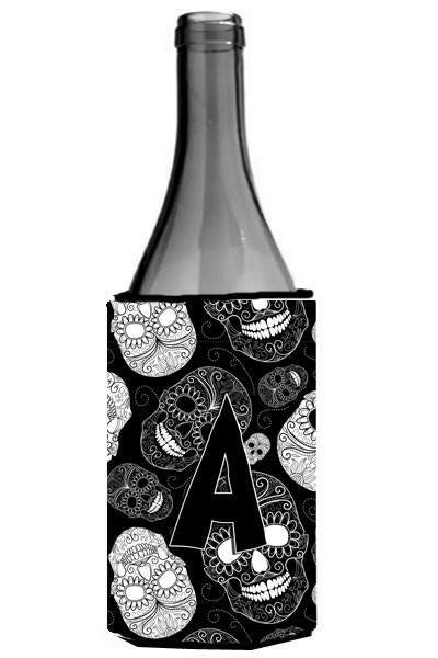 Letter A Day of the Dead Skulls Black Wine Bottle Beverage Insulator Hugger CJ2008-ALITERK by Caroline&#39;s Treasures