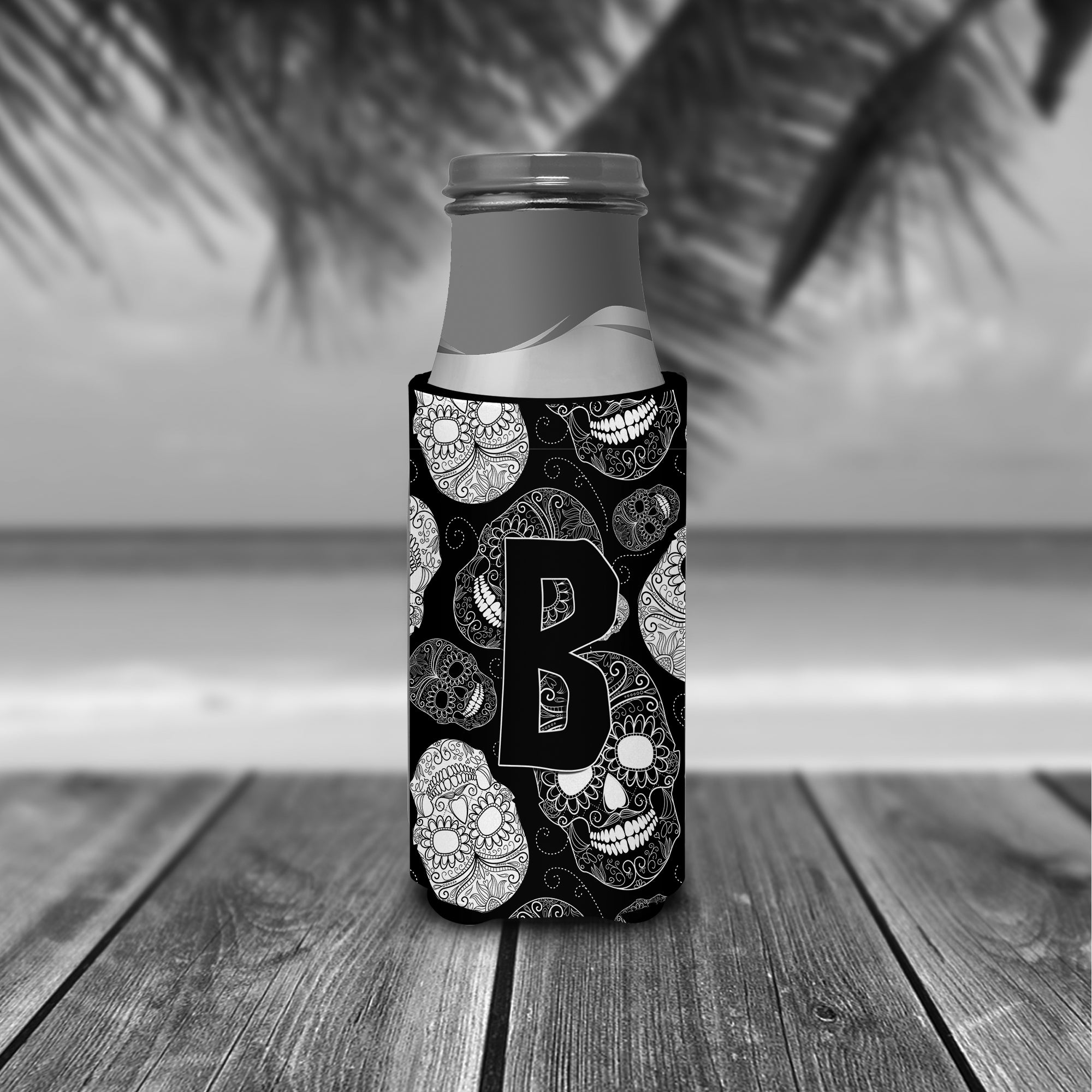 Letter B Day of the Dead Skulls Black Ultra Beverage Insulators for slim cans CJ2008-BMUK.