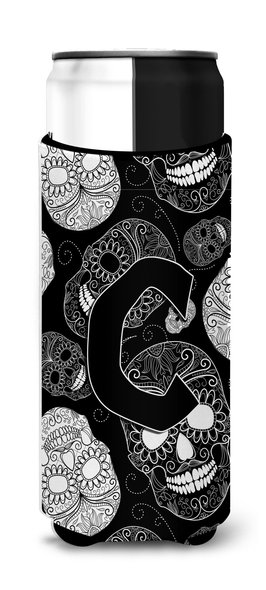 Letter C Day of the Dead Skulls Black Ultra Beverage Insulators for slim cans CJ2008-CMUK.