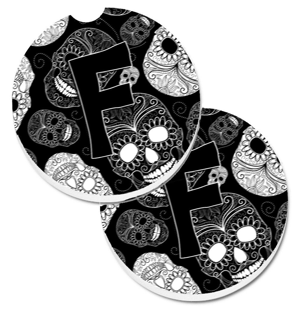 Letter F Day of the Dead Skulls Black Set of 2 Cup Holder Car Coasters CJ2008-FCARC by Caroline's Treasures