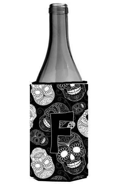 Letter F Day of the Dead Skulls Black Wine Bottle Beverage Insulator Hugger CJ2008-FLITERK by Caroline's Treasures