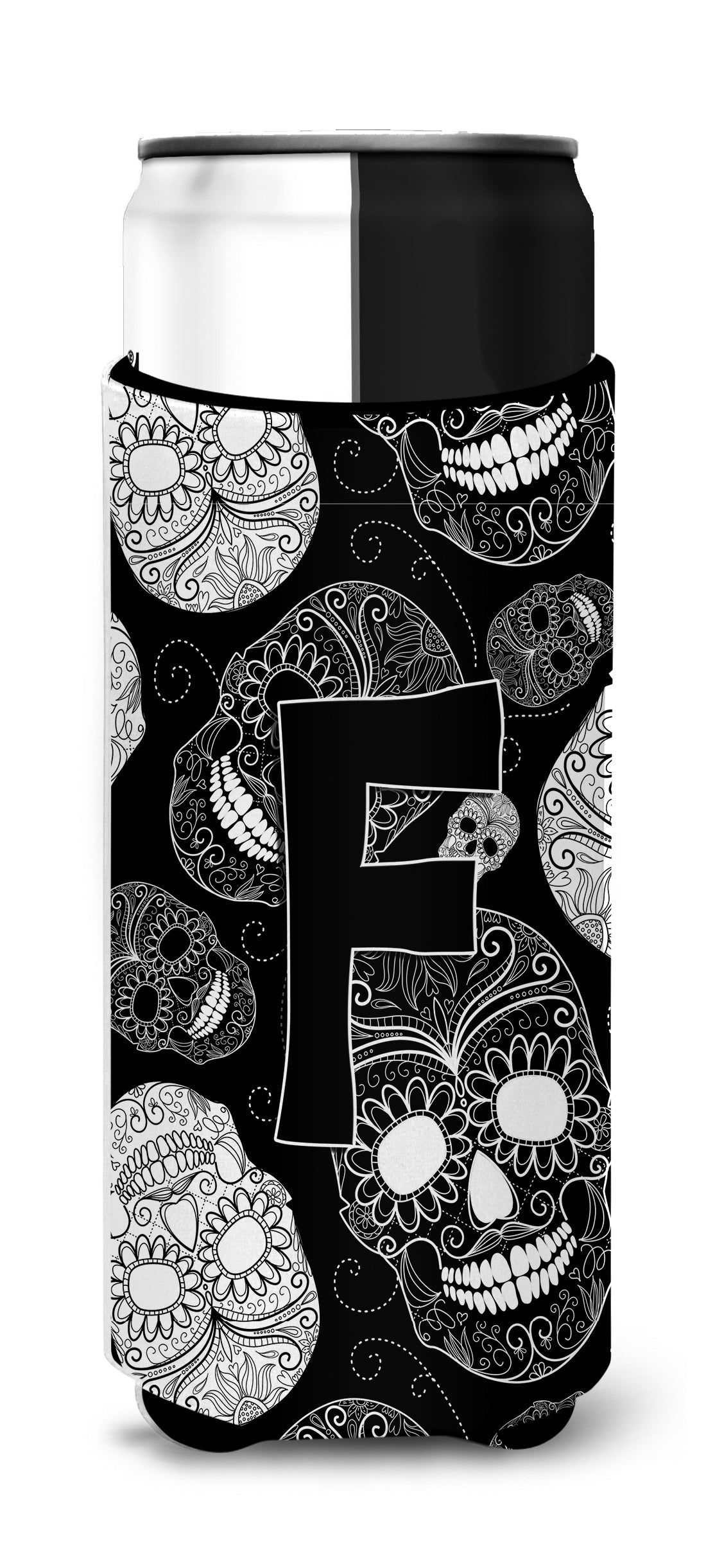 Letter F Day of the Dead Skulls Black Ultra Beverage Insulators for slim cans CJ2008-FMUK.