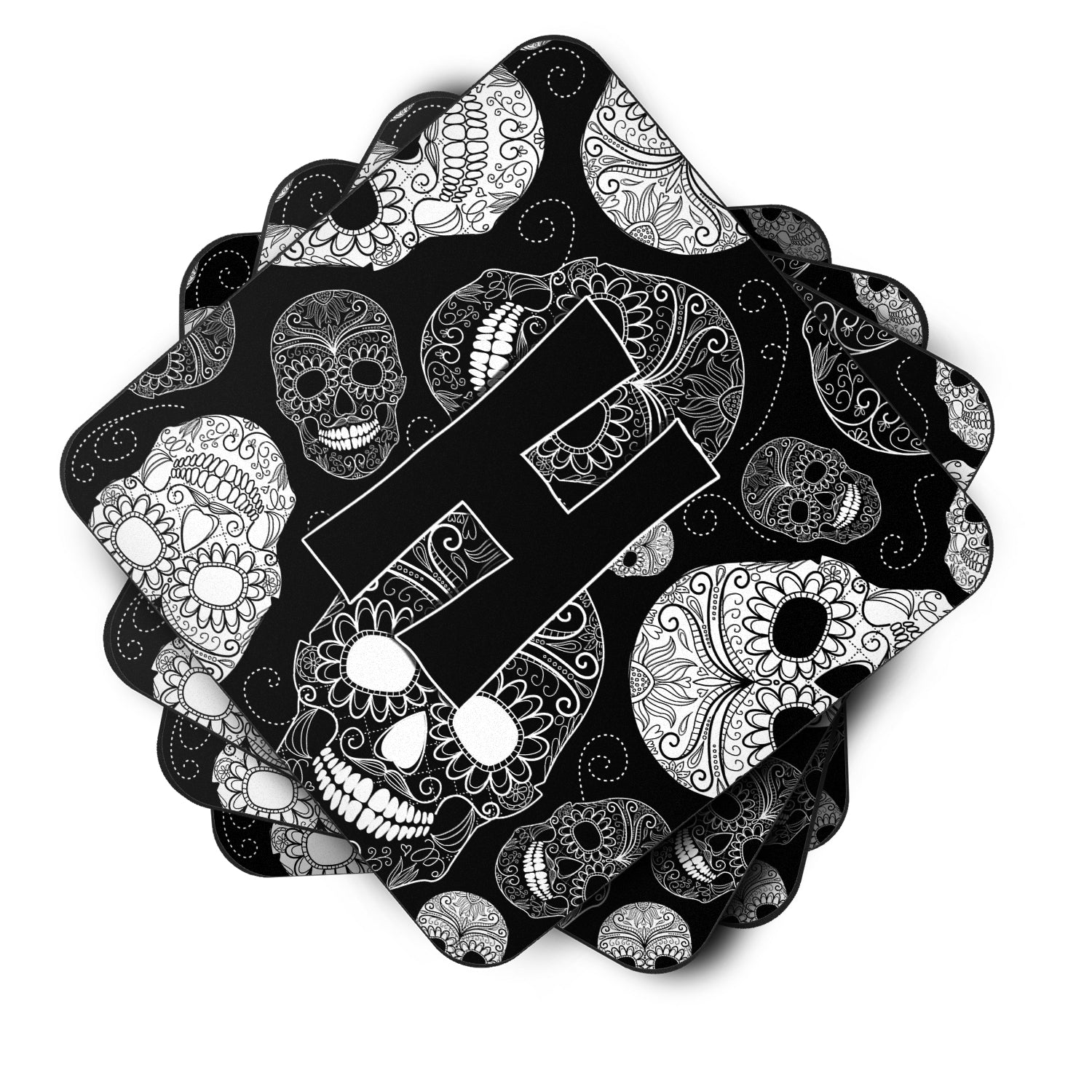 Set of 4 Letter H Day of the Dead Skulls Black Foam Coasters CJ2008-HFC - the-store.com