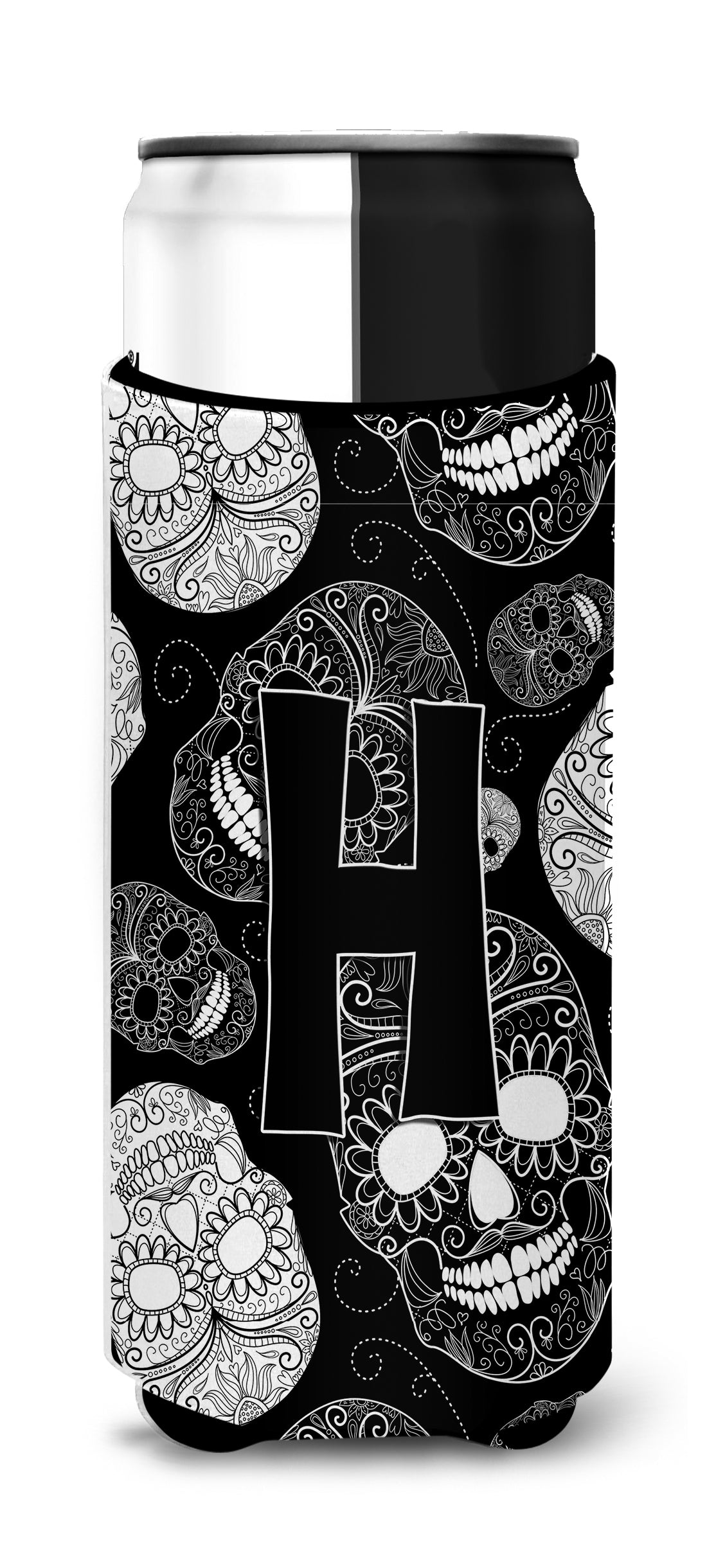 Letter H Day of the Dead Skulls Black Ultra Beverage Insulators for slim cans CJ2008-HMUK.