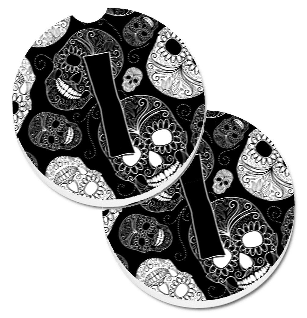 Letter I Day of the Dead Skulls Black Set of 2 Cup Holder Car Coasters CJ2008-ICARC by Caroline's Treasures