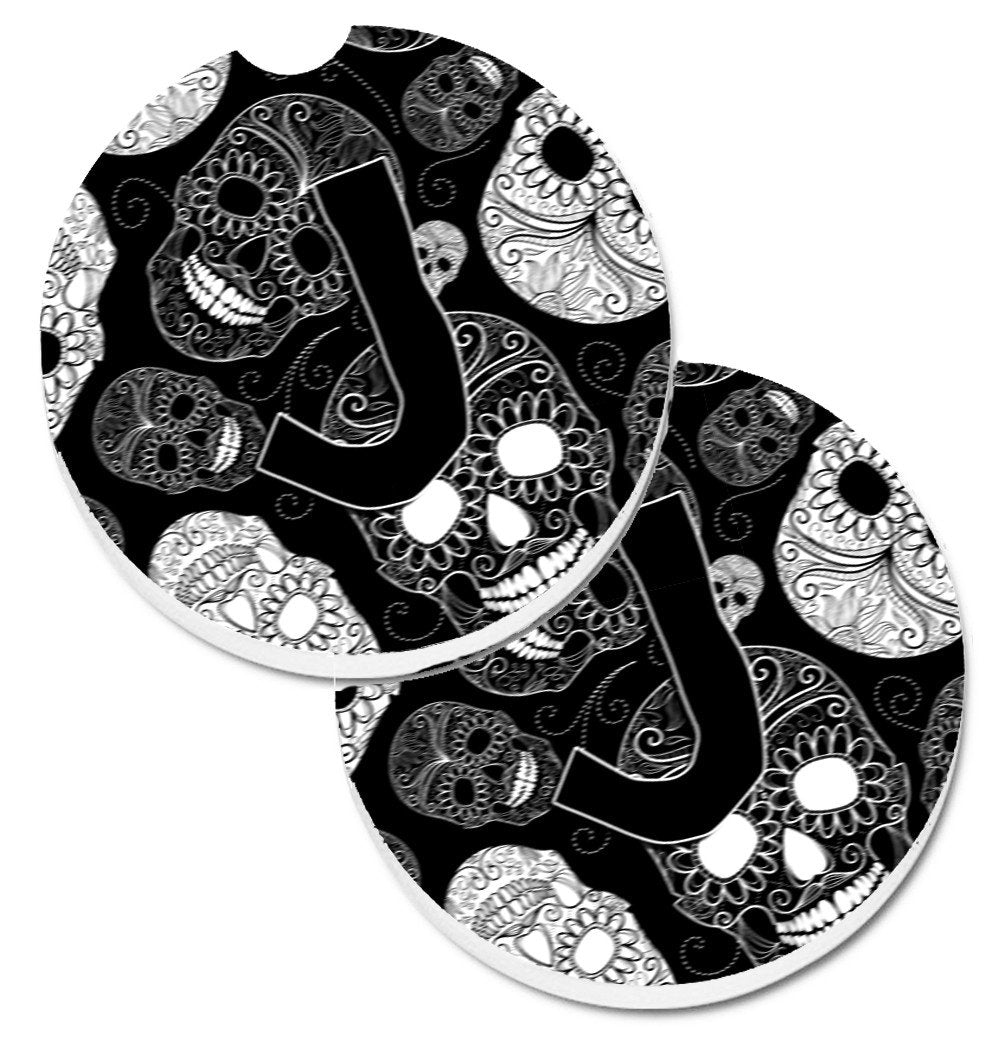 Letter J Day of the Dead Skulls Black Set of 2 Cup Holder Car Coasters CJ2008-JCARC by Caroline's Treasures