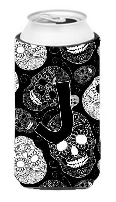 Letter J Day of the Dead Skulls Black Tall Boy Beverage Insulator Hugger CJ2008-JTBC by Caroline's Treasures