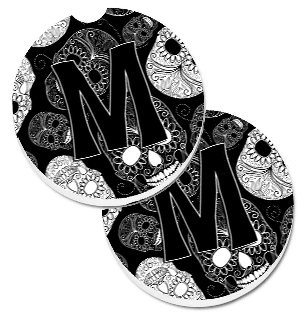 Letter M Day of the Dead Skulls Black Set of 2 Cup Holder Car Coasters CJ2008-MCARC by Caroline's Treasures