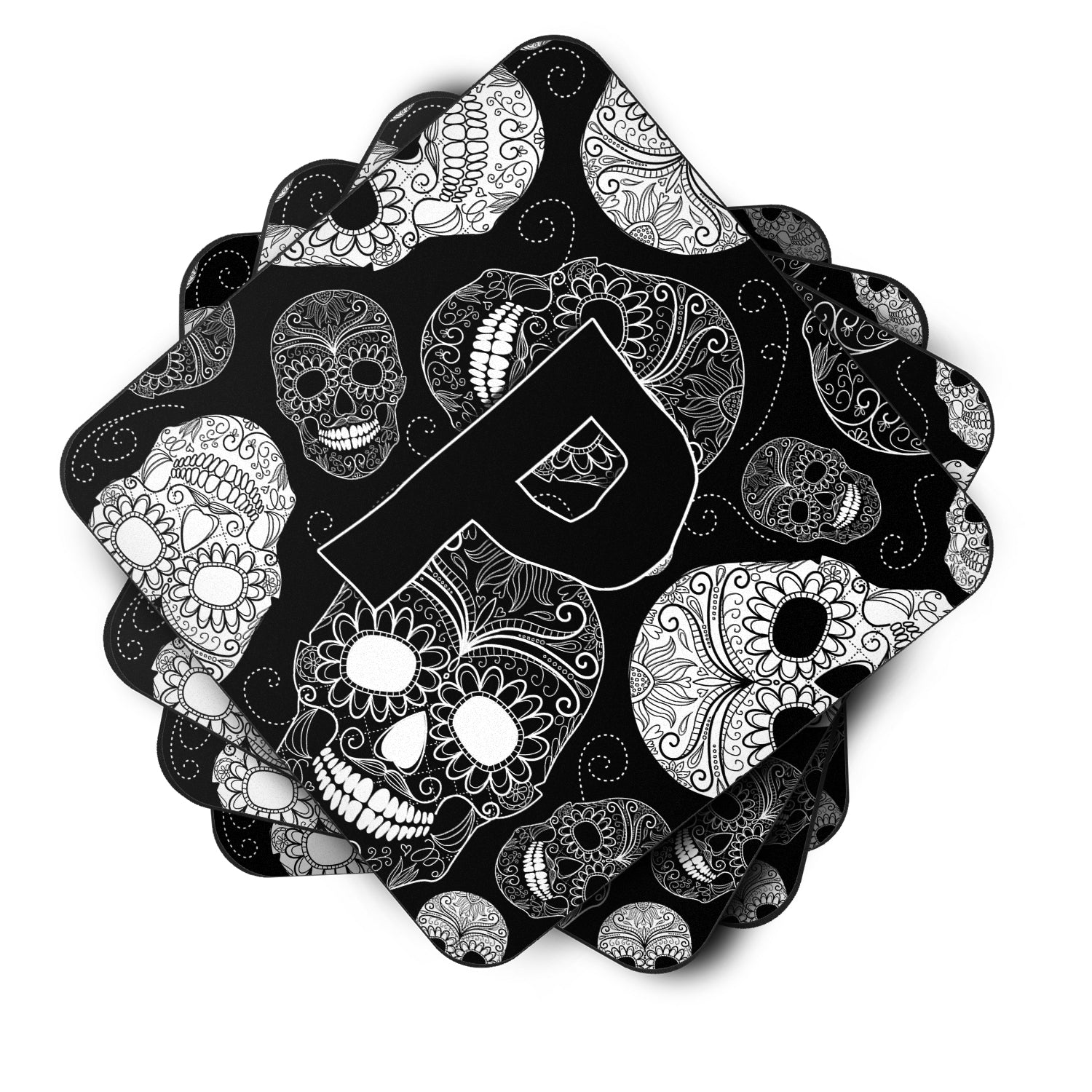 Set of 4 Letter P Day of the Dead Skulls Black Foam Coasters CJ2008-PFC - the-store.com