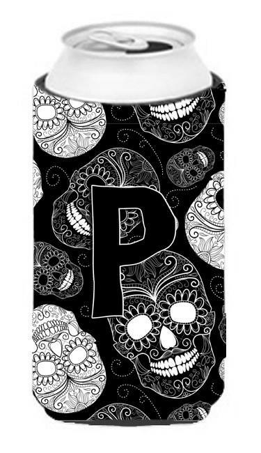 Letter P Day of the Dead Skulls Black Tall Boy Beverage Insulator Hugger CJ2008-PTBC by Caroline's Treasures