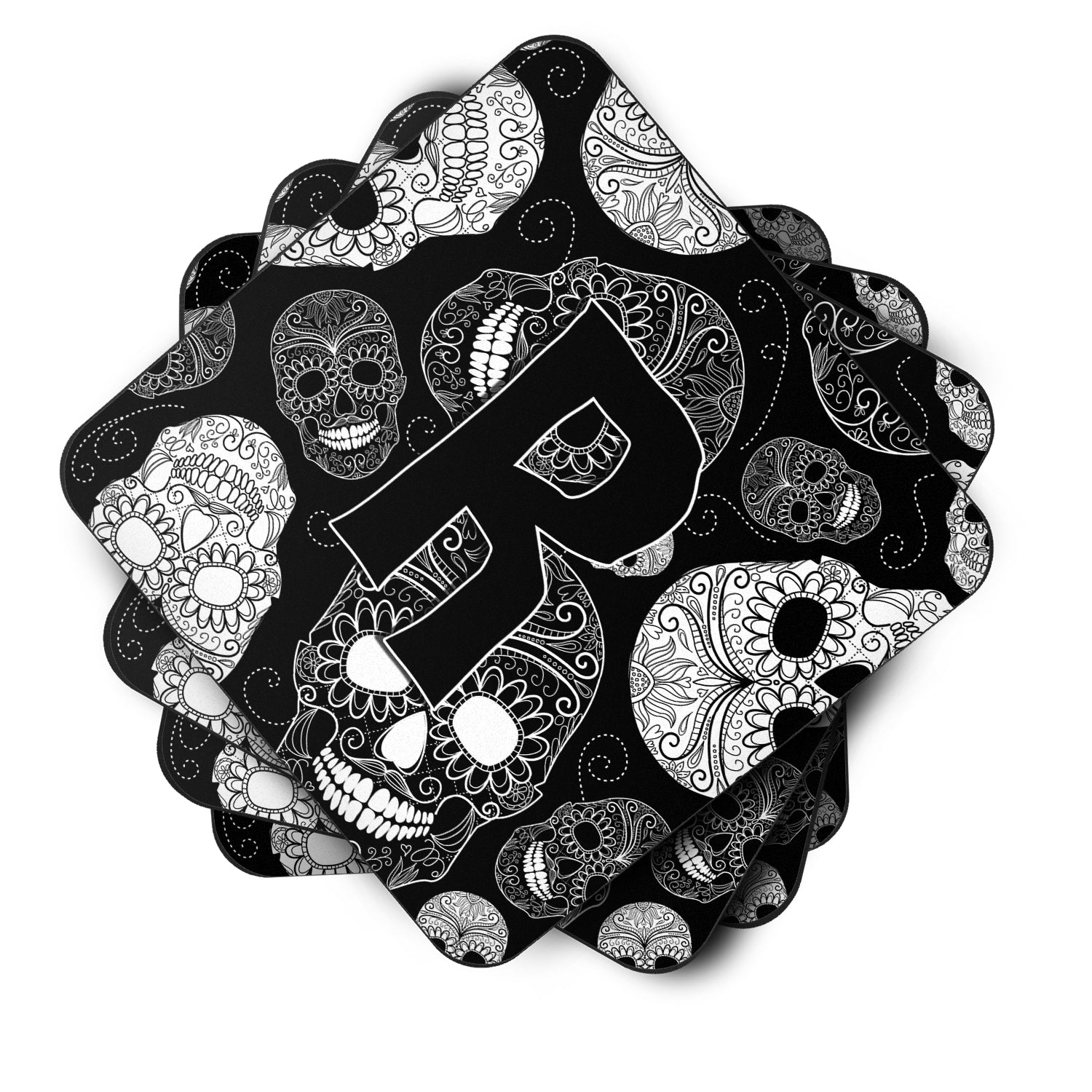 Set of 4 Letter R Day of the Dead Skulls Black Foam Coasters CJ2008-RFC - the-store.com