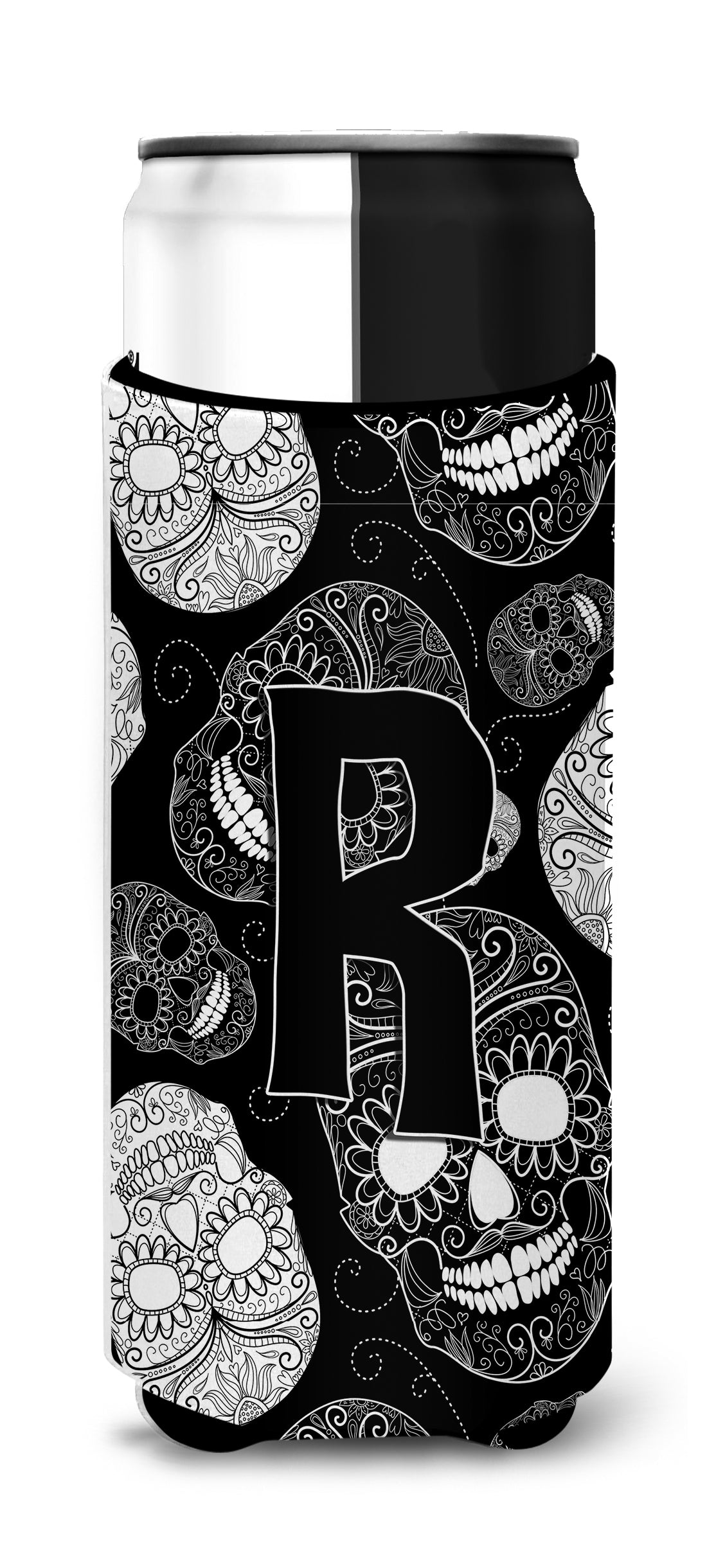 Letter R Day of the Dead Skulls Black Ultra Beverage Insulators for slim cans CJ2008-RMUK.