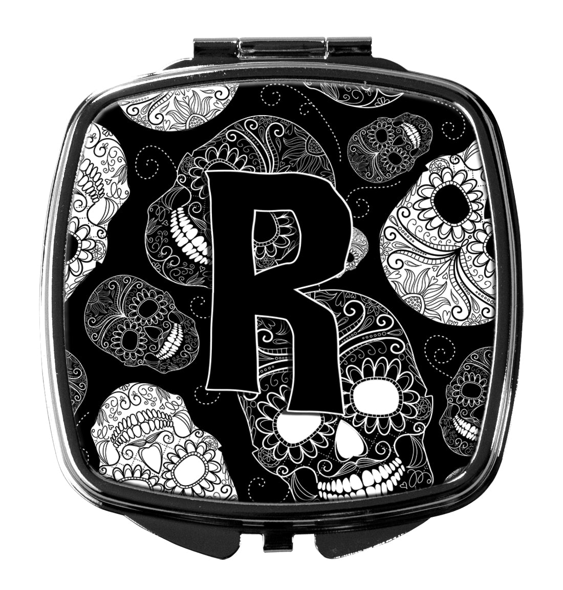 Letter R Day of the Dead Skulls Black Compact Mirror CJ2008-RSCM  the-store.com.