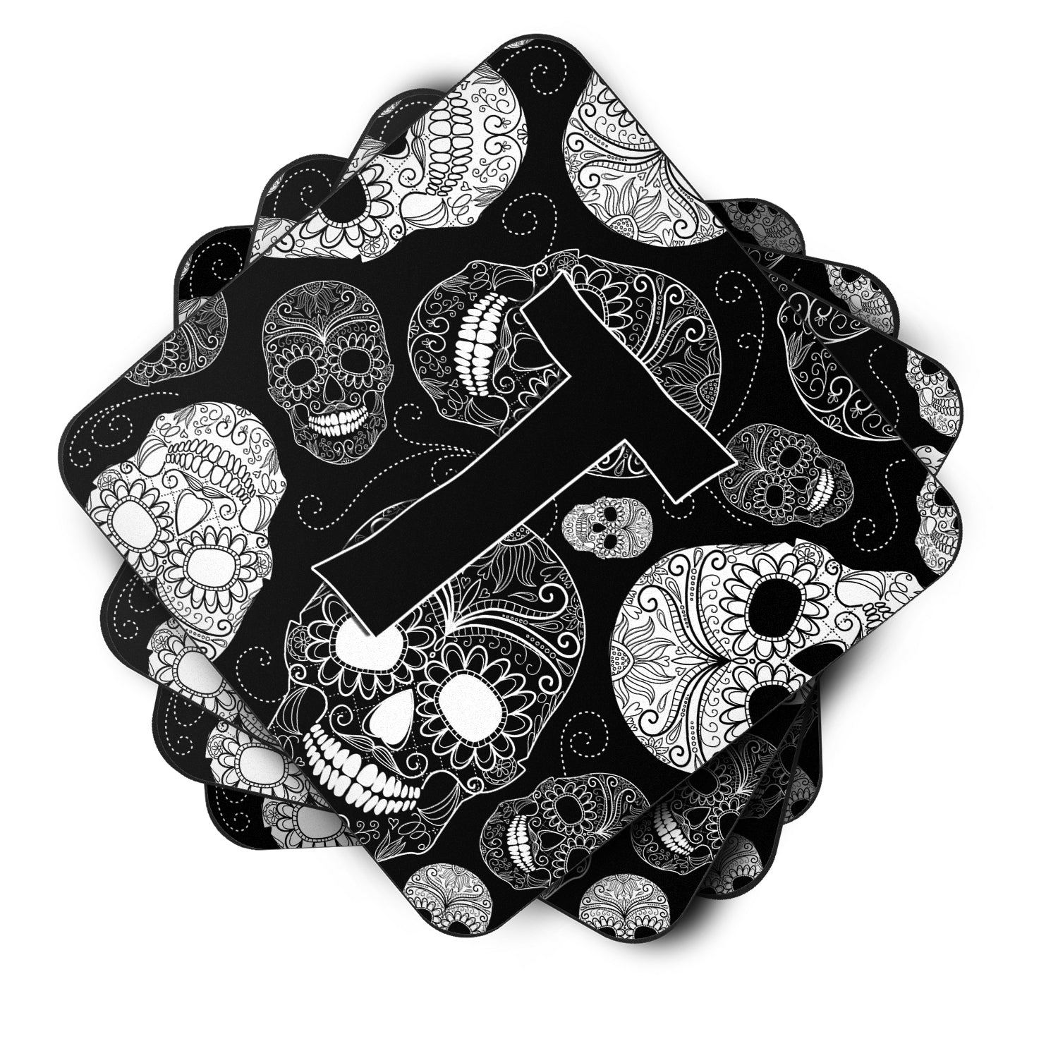 Set of 4 Letter T Day of the Dead Skulls Black Foam Coasters CJ2008-TFC - the-store.com